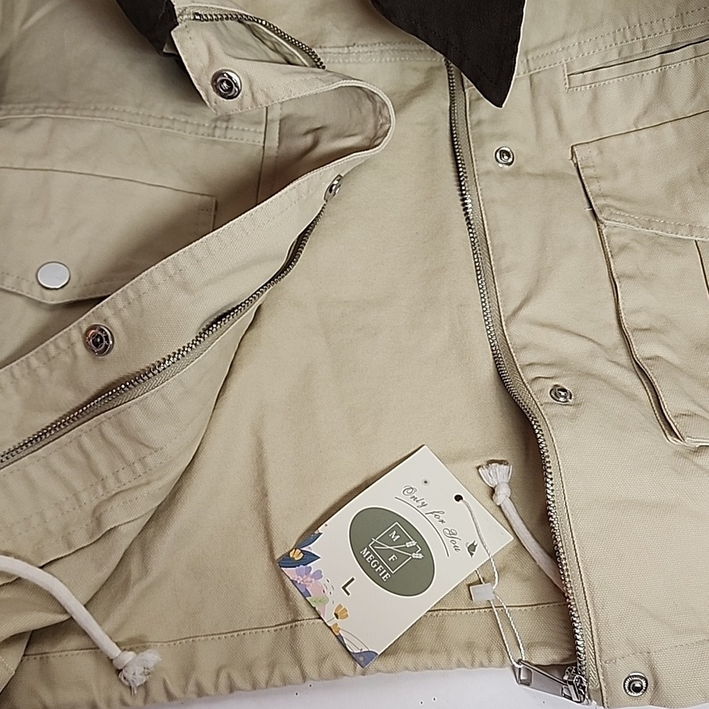 Megfie Light Tan With Dark Brown Collar Sz L Lightweight Barn Jacket Gorpcore - Picture 8 of 10